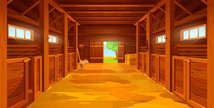 Cartoon farm stable or barn interior with sand floor, hayloft haystacks on wooden ranch, vector background. Horse stall house, wooden stable or hay loft storehouse, equestrian barn or farmhouse inside