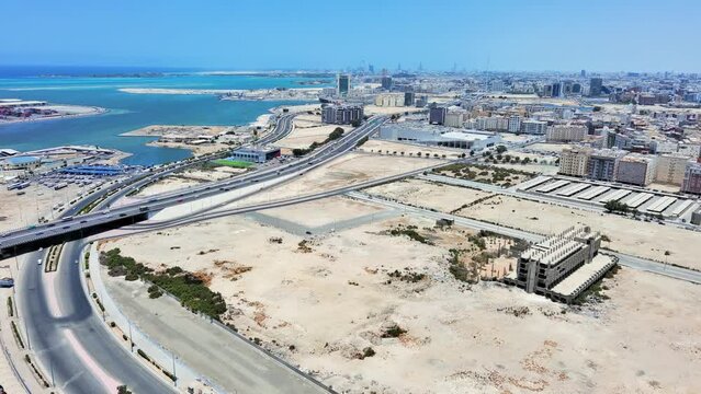 Jeddah, Saudi Arabia: Aerial view of coastal city and famous resort town - landscape panorama of Arabian Peninsula from above