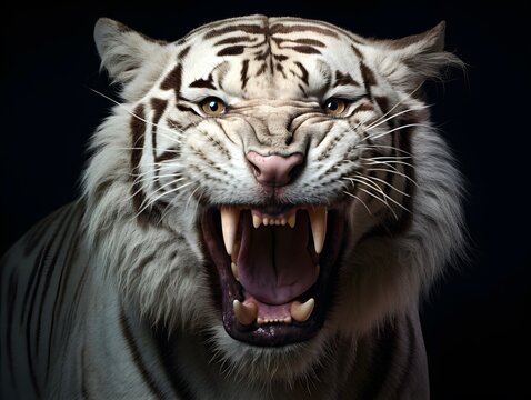 White tiger or bleached tiger isolated on black background. AI generated