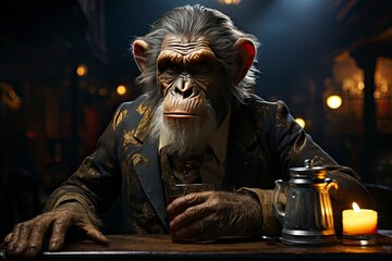 An illustration of a monkey in a business suit sitting at the bar, drinking beer from a glass, dim light creating a contrast between indulgence and melancholy. Generative Ai. 