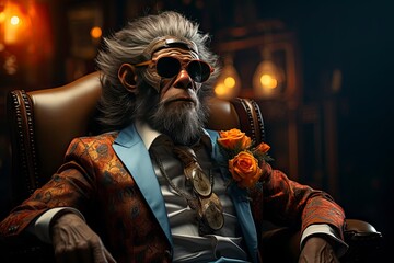 Obraz premium An illustration of a monkey boss in a business suit sits in a leather armchair, dim light creating a contrast between indulgence and melancholy. Generative Ai. 