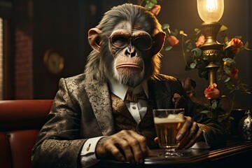 An illustration of a monkey in a business suit sits in a leather armchair, drinking beer from a glass, dim light creating a contrast between indulgence and melancholy. Generative Ai. 