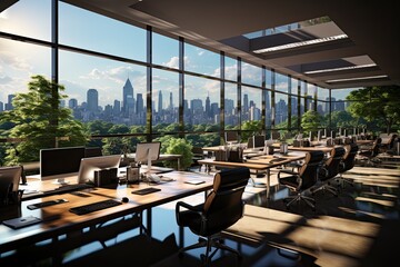 Wooden desk in modern office interior with city view. 3D Rendering