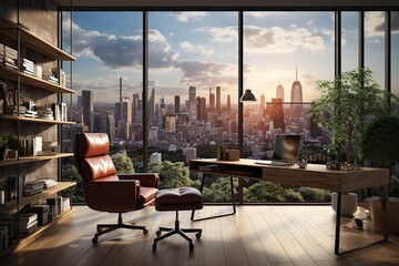 Wooden desk in modern office interior with city view. 3D Rendering