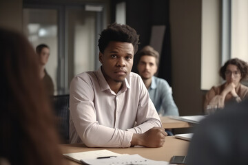 Fototapeta premium Confident young African- American male leader boss holding negotiation