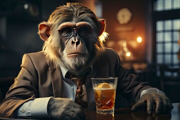 An illustration of a monkey in a business suit sitting at the bar, drinking beer from a glass, dim light creating a contrast between indulgence and melancholy. Generative Ai. 