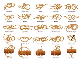 Sailing ship rope knots, nautical sailor tie and bow vector set. Marine nodes of natural jute cords, strings and cables with loop and noose figures. Cordage system elements for sails and anchors