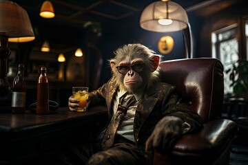 An illustration of a monkey in a business suit sits in a leather armchair, drinking juice from a glass, dim light creating a contrast between indulgence and melancholy. Generative Ai. 