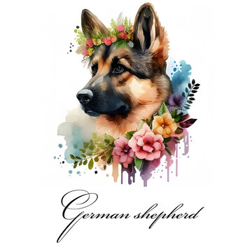 Watercolor illustration of a single dog breed german shepherd with flowers. AI generated. Dog portrait.