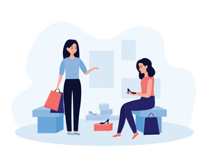 Cartoon girlfriends choose new shoes in store. Young people doing shopping. Making purchases from sale in fashion boutiques. Modern consumerism society. Vector illustration