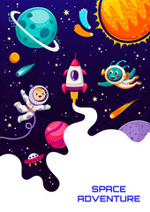 Space poster, cartoon astronaut, alien UFO spaceship and space planets, vector galaxy world background. Kid spaceman with alien and rocket in galactic sky planets and asteroids for space adventure