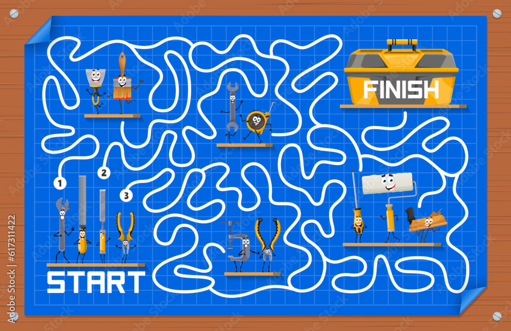 Leinwandbilder labyrinth maze, help to cartoon repair and diy work tool characters find toolbox, vector quiz game. 