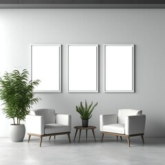 Obraz na płótnie Canvas Template Frame Art print Mock up three blank white photo frames in modern minimal interior Generative AI 