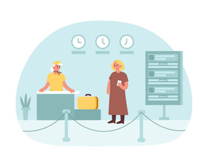 Cartoon girl checking in at airport. Time for travel abroad using plane. Tourists and travellers waiting for departure. Vector flat style illustration on white background