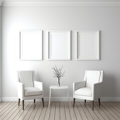 Naklejka na ściany i meble Template Frame Art print Mock up three blank white photo frames in modern minimal interior Generative AI 