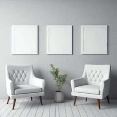 Template Frame Art print Mock up three blank white photo frames in modern minimal interior Generative AI 