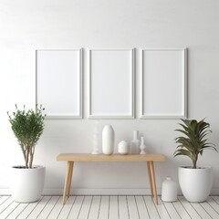 Fototapeta na wymiar Template Frame Art print Mock up three blank white photo frames in modern minimal interior Generative AI 