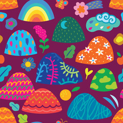 Seamless pattern with rainbow decorative round shape hills, mountains and nature elements. Vector illustration