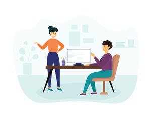 Cartoon colleagues discussing work on computer working as programmers in office. Process of developing and testing software. Vector illustration on white background