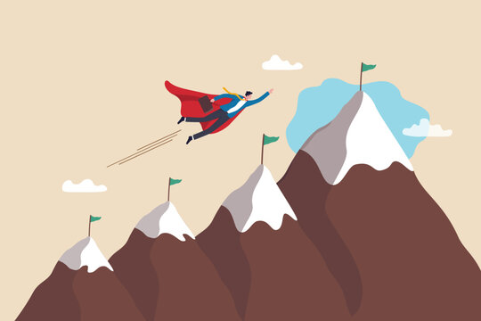 Challenge to achieve success milestone, goal or business target, winning mission or career development, growth or progress journey, aspiration concept, businessman super hero fly to mountain summit.