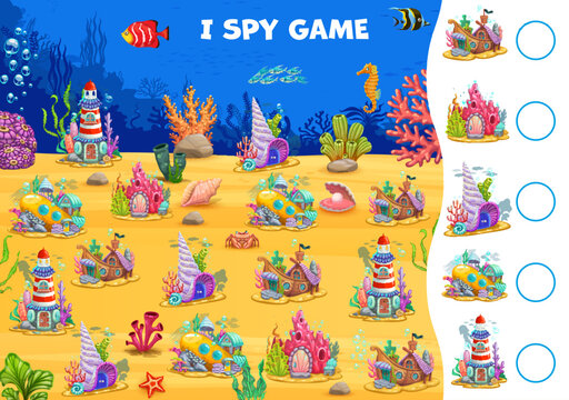 I spy game fairytale underwater town houses in sea shells of undersea, kids vector puzzle worksheet. Find and match same pictures of cartoon dwellings in ocean lighthouse, submarine and sunken ship