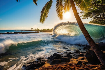 Powerful crashing wave surf Waimea Bay Hawaii
