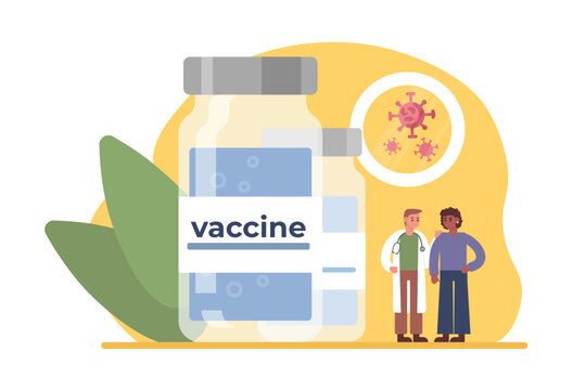 Multinational Patient And Doctor Standing By Huge Vial Of Vaccine. Getting Vaccinated Against Illness In Hospital. Process Of Virus Destruction. Boosting Immune System Health. Vector