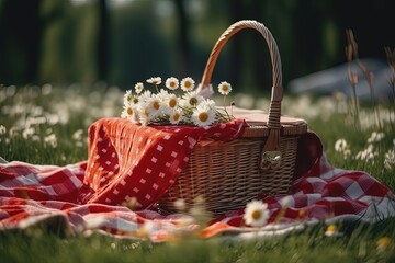 Picnic basket with daisies on a blanket in the park