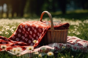 Wicker basket with daisies on the grass in the park