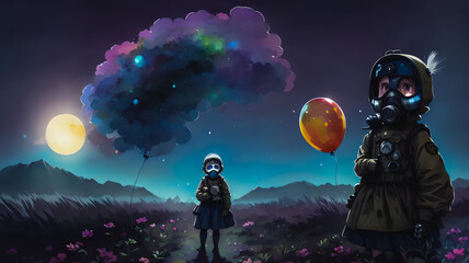 Obraz premium Little girl with a balloon in a gas mask. Landscape devastated by environmental pollution.. Generative AI.