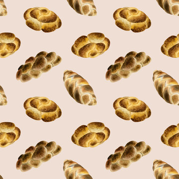 Jewish challah bread watercolor seamless pattern on light beige background with braided loafs for Shabbat Saturday, kosher bakery
