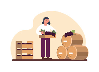 Cartoon girl carries boxes of grapes to make wine. Wine production sector. Factory for production of wine in barrels. Vector flat style illustration on white background