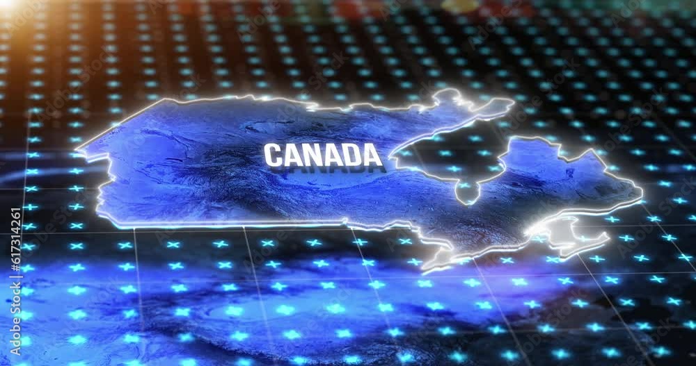 Poster Digital map, country location and hologram of Canada on blue light hud, gps pin and 3d rendering. Technology, data and matrix of global position on radar, virtual reality or simulation of coordinate.
