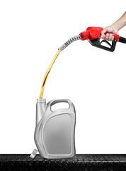 Hand holding the fuel dispenser to add to the plastic gallon. put on steel plate