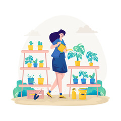 A woman watering decorative plants illustration design
