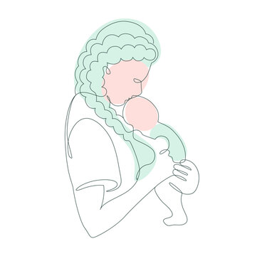 recommend clip art: Breastfeeding Mother holding Baby in her arms side view. Woman Breast Feeding her newborn child vector illustration in Line Art style.