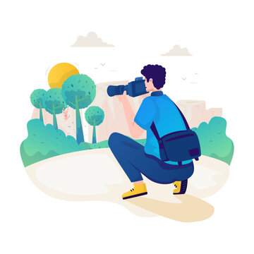 A man hunting photos in nature flat illustration design