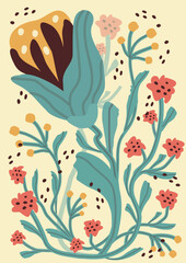 Colorful, bright summer retro background. Abstract pattern with leaves, flowers, figure with texture. trendy print with tulips in modern style. A4  poster for print,  banner, postcard. vector art 