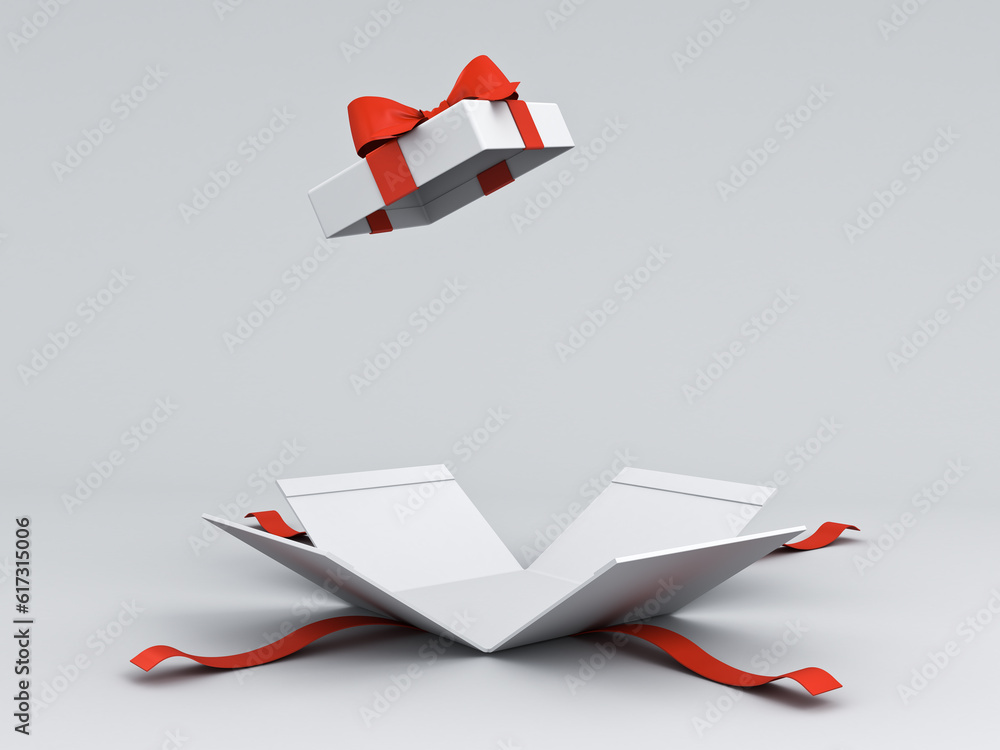 Poster Open white present box or gift box with red ribbons and bow isolated on white grey background with shadow minimal conceptual 3D rendering