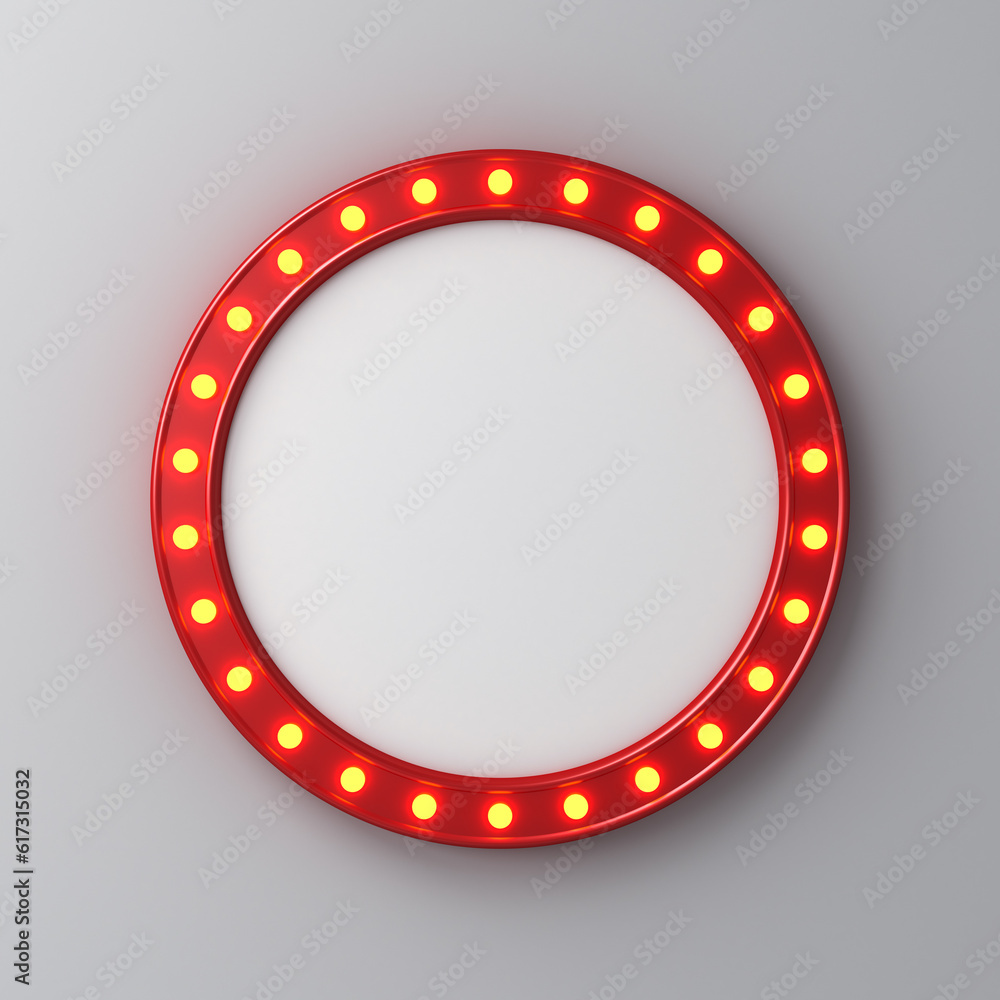 Aufkleber blank round retro signage board or blank shining signboard with glowing yellow neon light bulbs isol