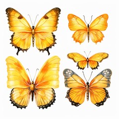 set of yellow butterflies, watercolor style Generative AI