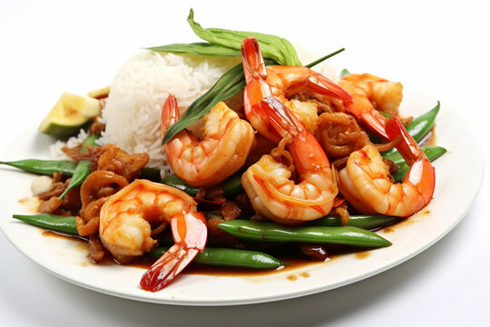 thai food; shrimp and squid fried cooked with long beans and rice