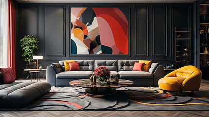 A stylish contemporary art deco-style apartment with a rug, a grey sofa against a wall, and an accent wall featuring bold stripes.