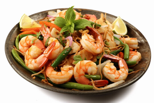 thai food; shrimp and squid fried cooked with long beans and rice, black ultra hd background