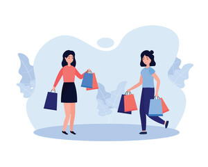 Cartoon girlfriends coming back from shopping. Making purchases from sale in fashion boutiques. Modern consumerism society. Vector flat style illustration