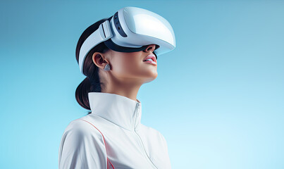 A beautiful black hair young woman with dark brown hair using VR goggles. The concept of modern technologies and technologies of the future. VR glasses.