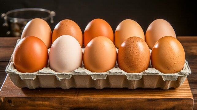 Chicken eggs as a symbol of natural nutrition. Ideal for use in food and cooking magazines, advertising campaigns for organic products that want to emphasize healthy eating. Generative AI