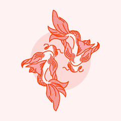Stylish illustration with two koi carp. Vector print, design, postcard with fish.