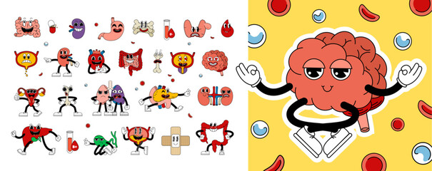 Big set of retro human organs in funny comic cartoon style, gloved hands. Contemporary illustration with cute comic human organs characters. Doodle comic characters. contemporary cartoon style.