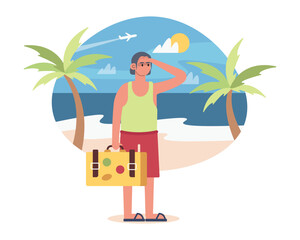 Obraz na płótnie Canvas Cartoon tourist guy with suitcase looking out to sea in distance. People spending time discovering new places. Time for summer holidays. Vector flat style illustration